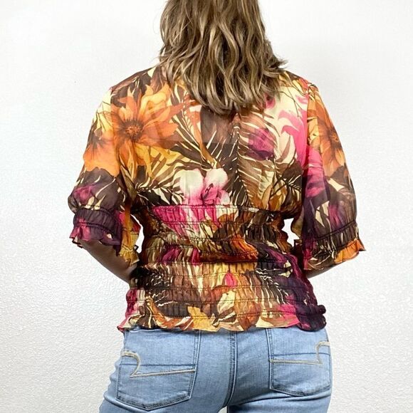 Cache Orange & Pink Floral Smocked Button Up Blouse - Picture 3 of 6